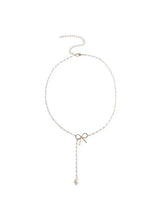 Y-shaped faux pearl necklace with bow charm and dangling pearl drop