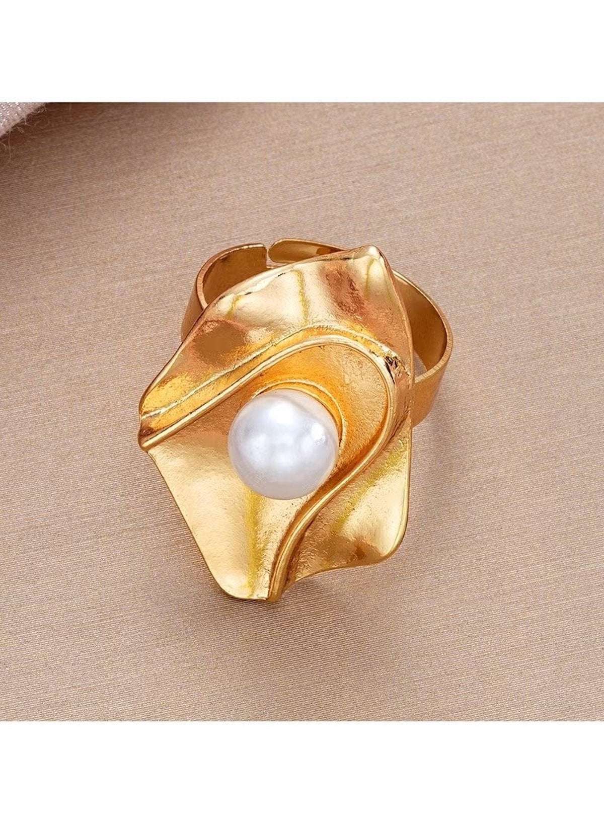 Statement Pearl Ring – Gold Color Tone with Sculpted Design