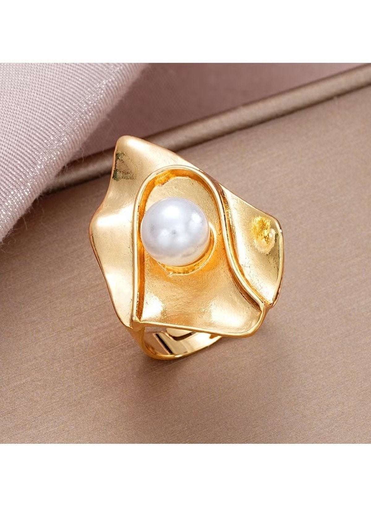 Statement Pearl Ring – Gold Color Tone with Sculpted Design