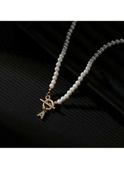 Personalized Pearl Beaded Necklace with Gold Initial Charm