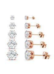 5-Pair Silver Color-Plated Cubic Zirconia Stud Earrings Set – Multiple Sizes