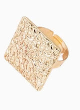 Gold geometric textured square statement ring, square face with raised pattern