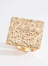 Gold textured square statement ring with flat top and band sides