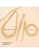 Gold tone pearl bead jewelry set: beaded necklace, long drop earrings, beaded bracelet