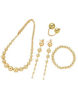 Gold tone pearl bead jewelry set with necklace, drop earrings, bracelet, ring