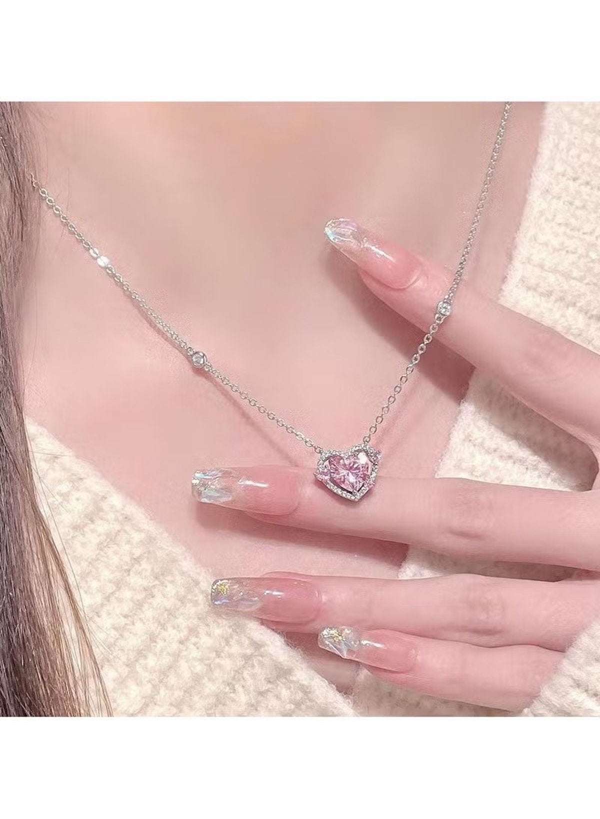 Silver Color Chain Necklace with Pink Crystal Heart Pendant