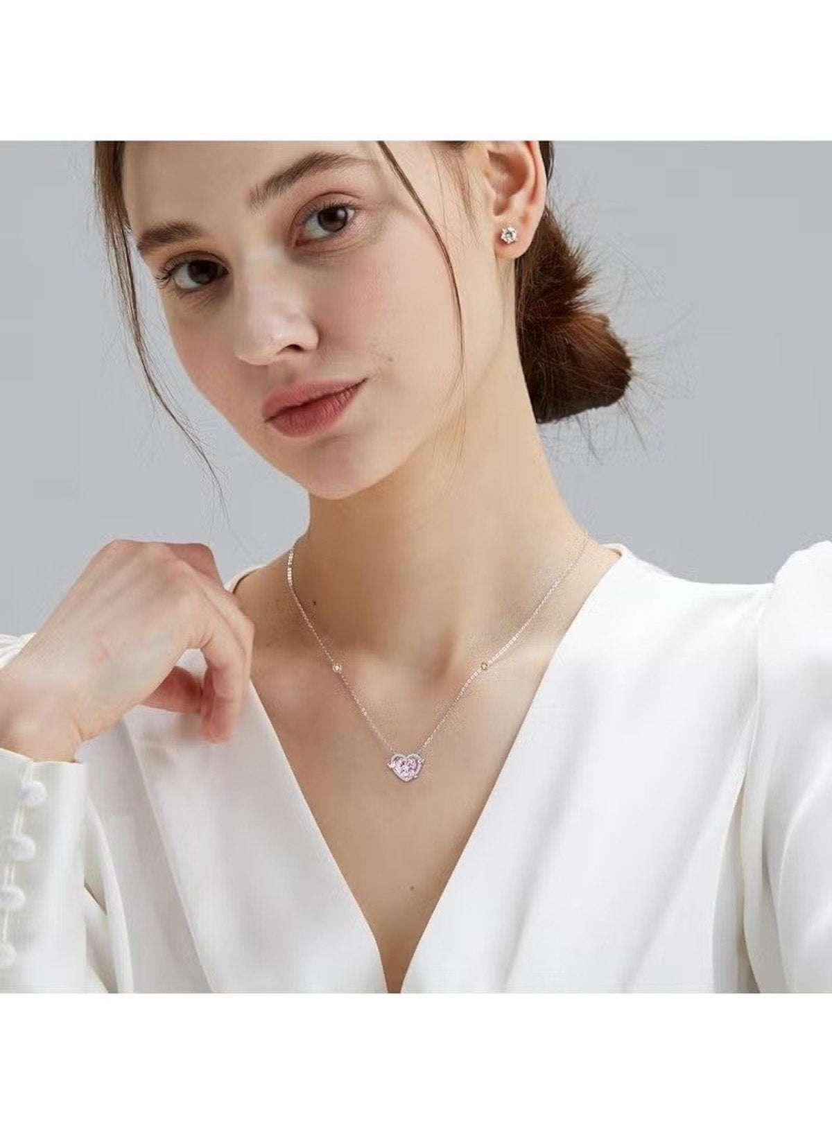 Silver Color Chain Necklace with Pink Crystal Heart Pendant