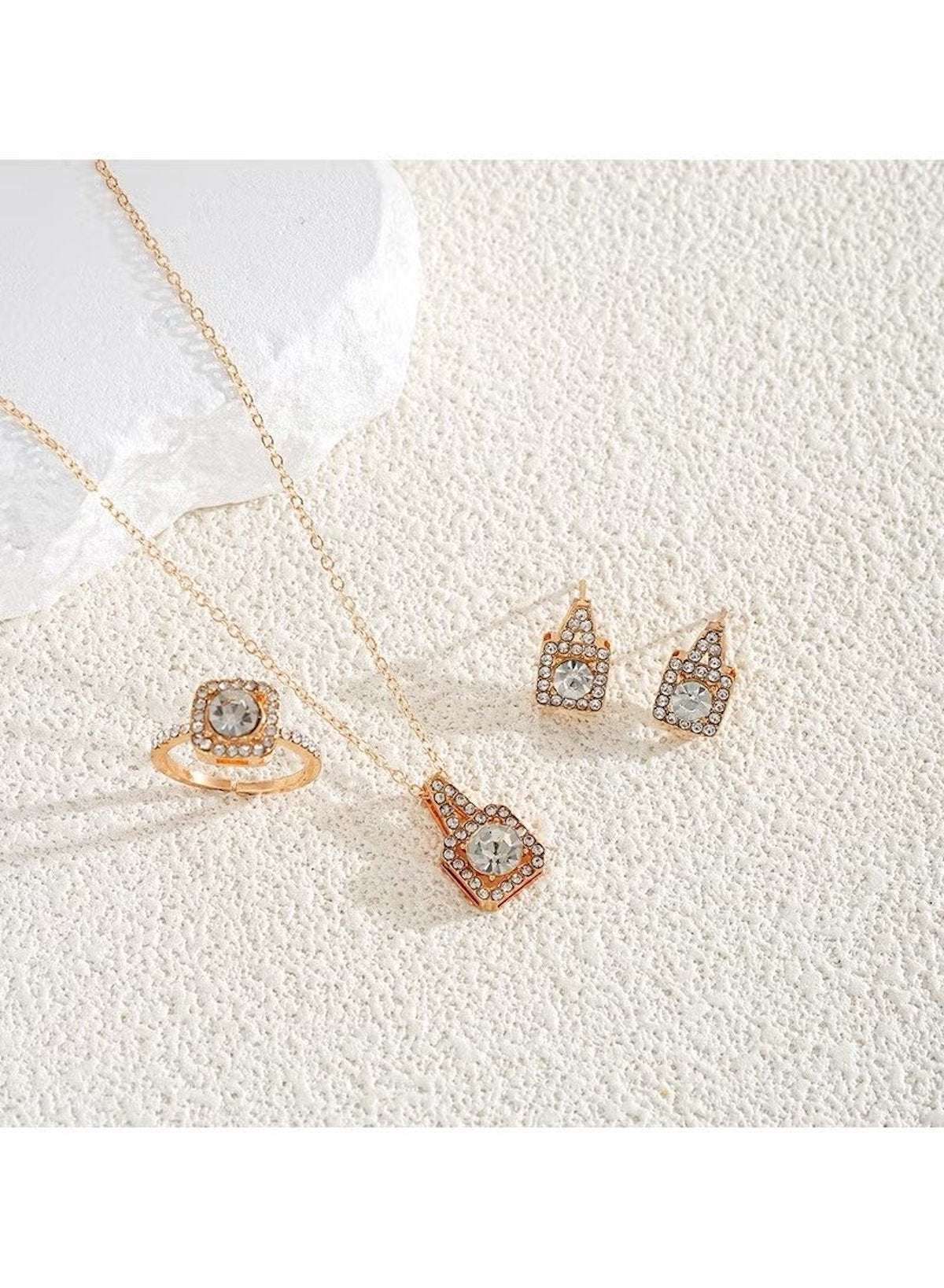 Gold Color Square-Cut Crystal Pendant Necklace & Earring Set