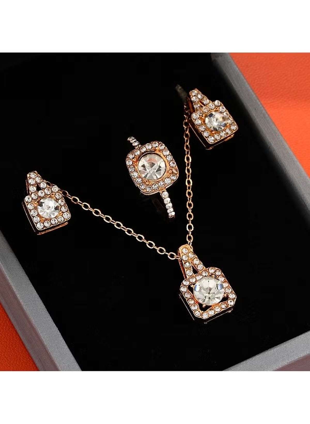 Gold Color Square-Cut Crystal Pendant Necklace & Earring Set
