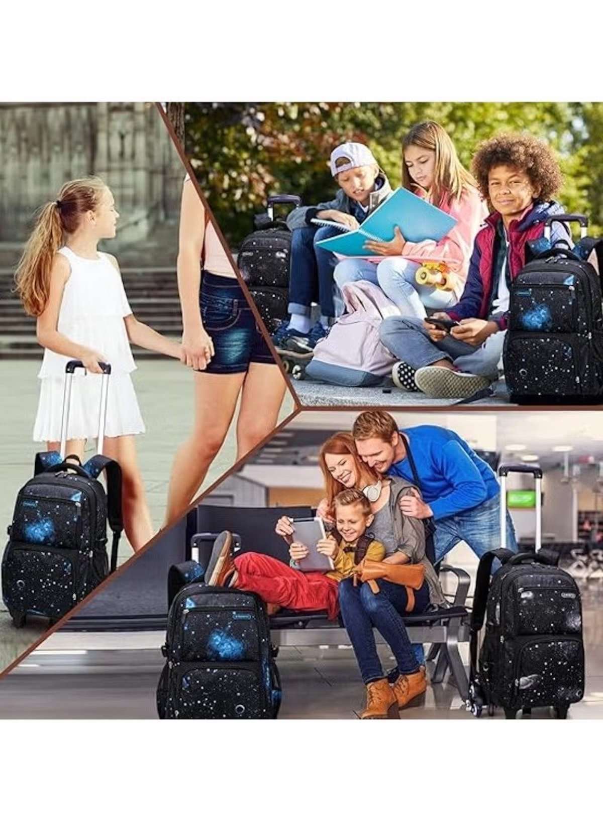 6-Wheel Trolley Backpack 3-Piece Set – Stair-Climbing School Bag Black and  Blue colour