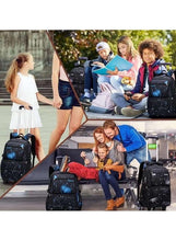 Trolley backpack and duffel bag in dark blue galaxy print, front zips and rolling wheels