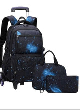 Trolley backpack set with galaxy-pattern front panel, top handle, front zip and wheels