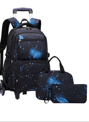 6-Wheel Trolley Backpack 3-Piece Set – Stair-Climbing School Bag Black and  Blue colour