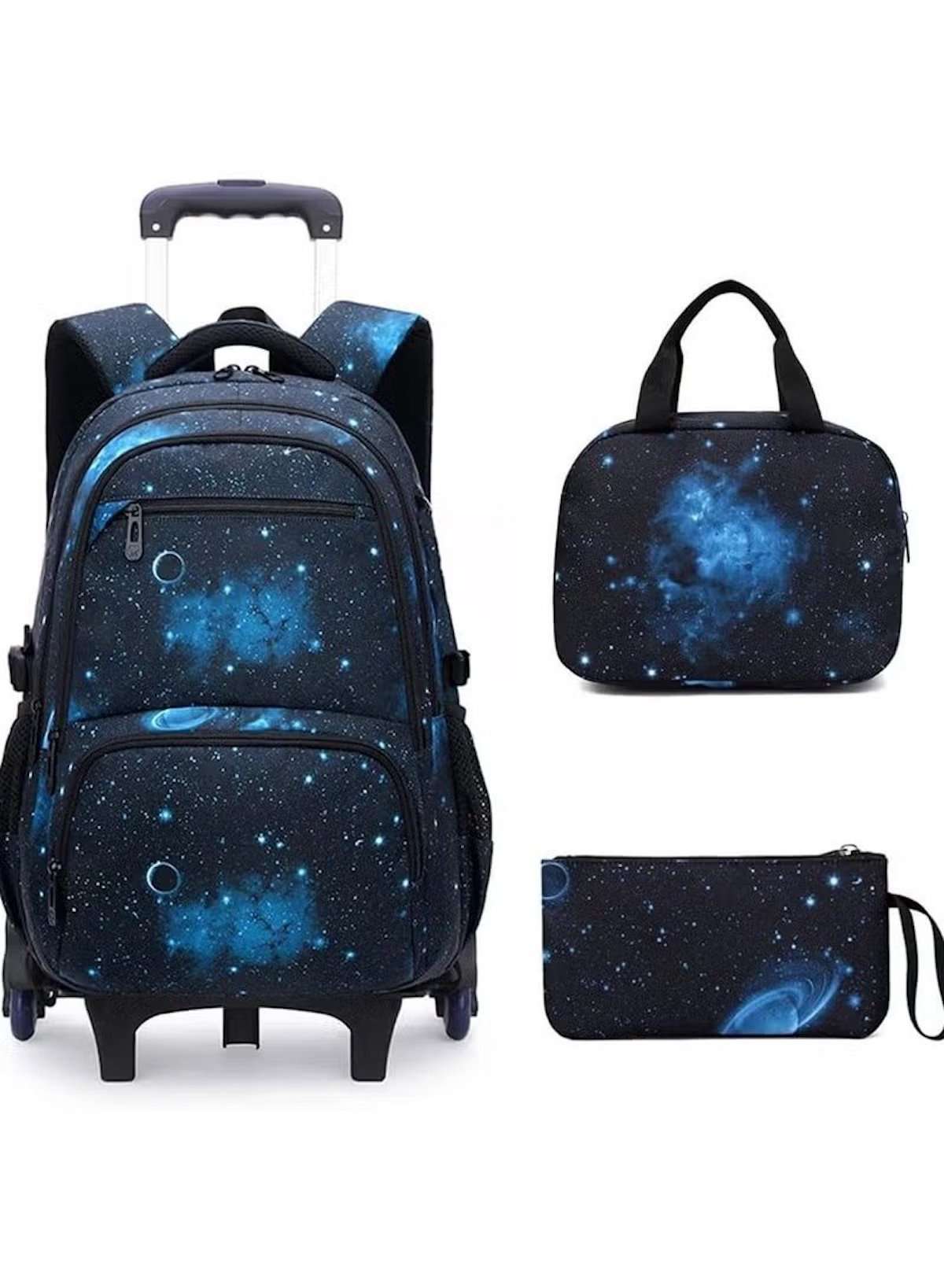 6-Wheel Trolley Backpack 3-Piece Set – Stair-Climbing School Bag Black and  Blue colour