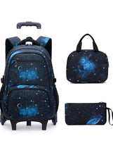 Trolley backpack set in dark galaxy fabric, front zip pockets, side mesh, rolling wheels