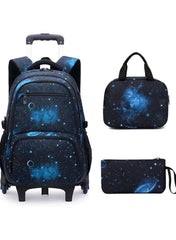 6-Wheel Trolley Backpack 3-Piece Set – Stair-Climbing School Bag Black and  Blue colour