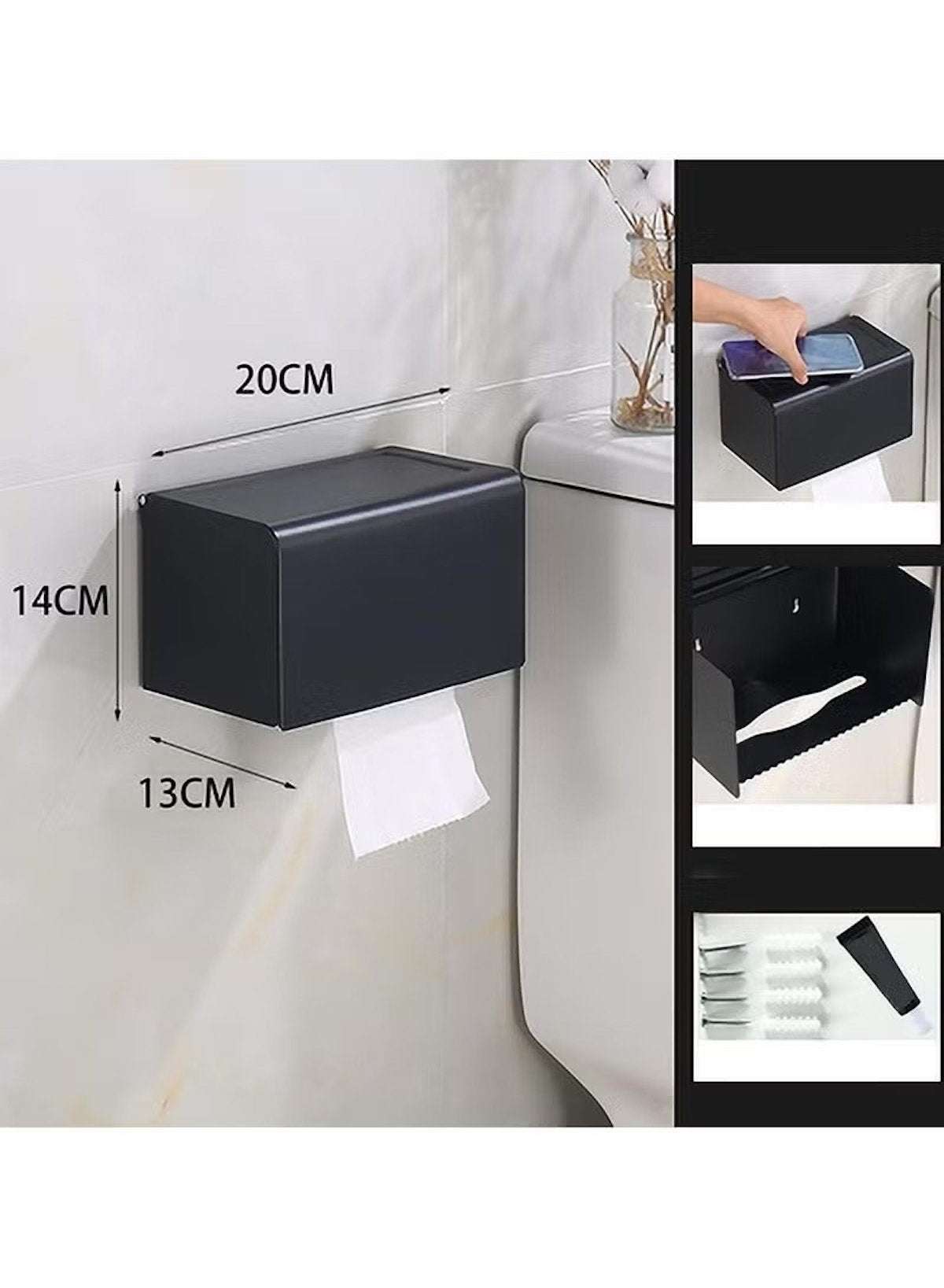 Square Black Toilet Tissue Roll Holder – Space Aluminum, Wall Mounted (F20)  20cm × 14cm × 13cm