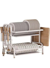 2-tier dish drying rack with sink drainer and cutlery holder, white metal