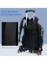 Black school trolley backpack with mesh back panel, padded shoulder straps, six front wheels