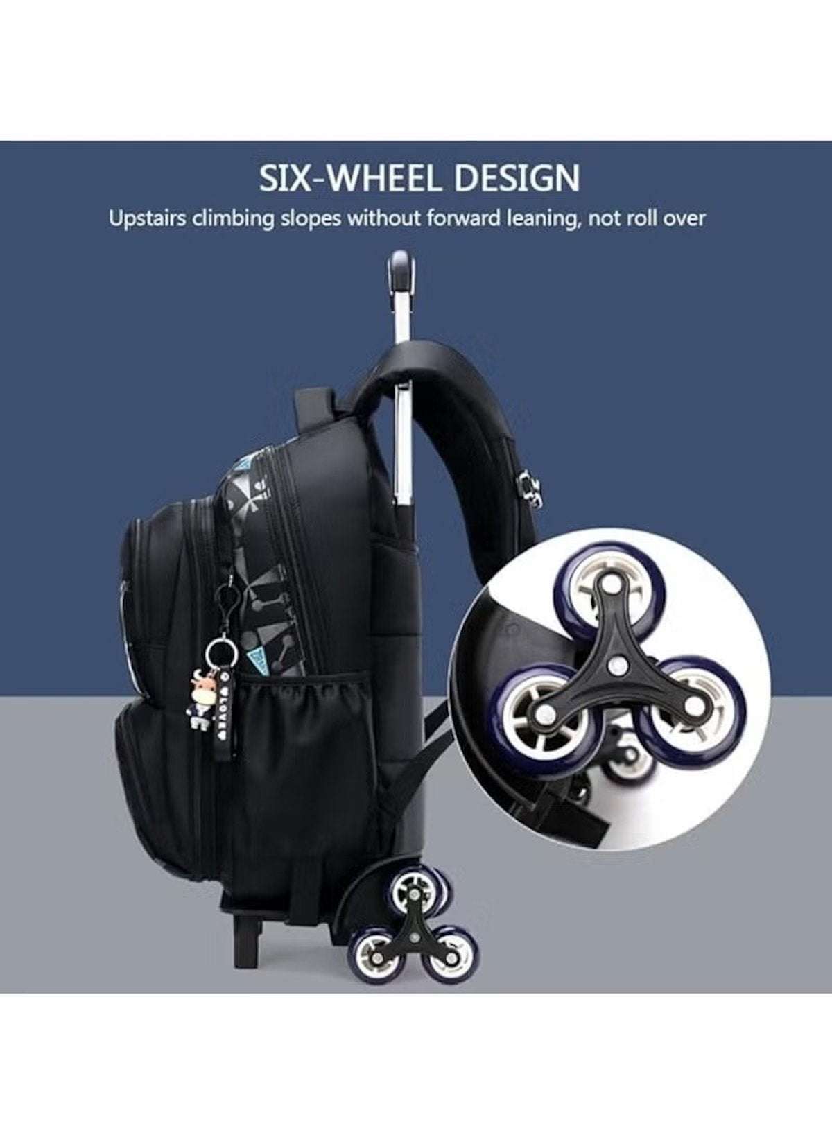 Printed 6-Wheel Trolley School Backpack – Black/ Blue colour