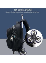 Black school trolley backpack with six-wheel design and side pockets, geometric blue print