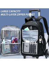 Black school trolley backpack with open interior organizers and zippered multi-layer pockets