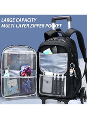 Printed 6-Wheel Trolley School Backpack – Black/ Blue colour