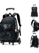 Black printed school trolley backpack with extendable handle and front wheels, blue accents