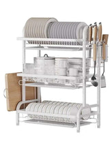 2-tier dish drying rack with sink drainer and cutlery holder, white metal frame