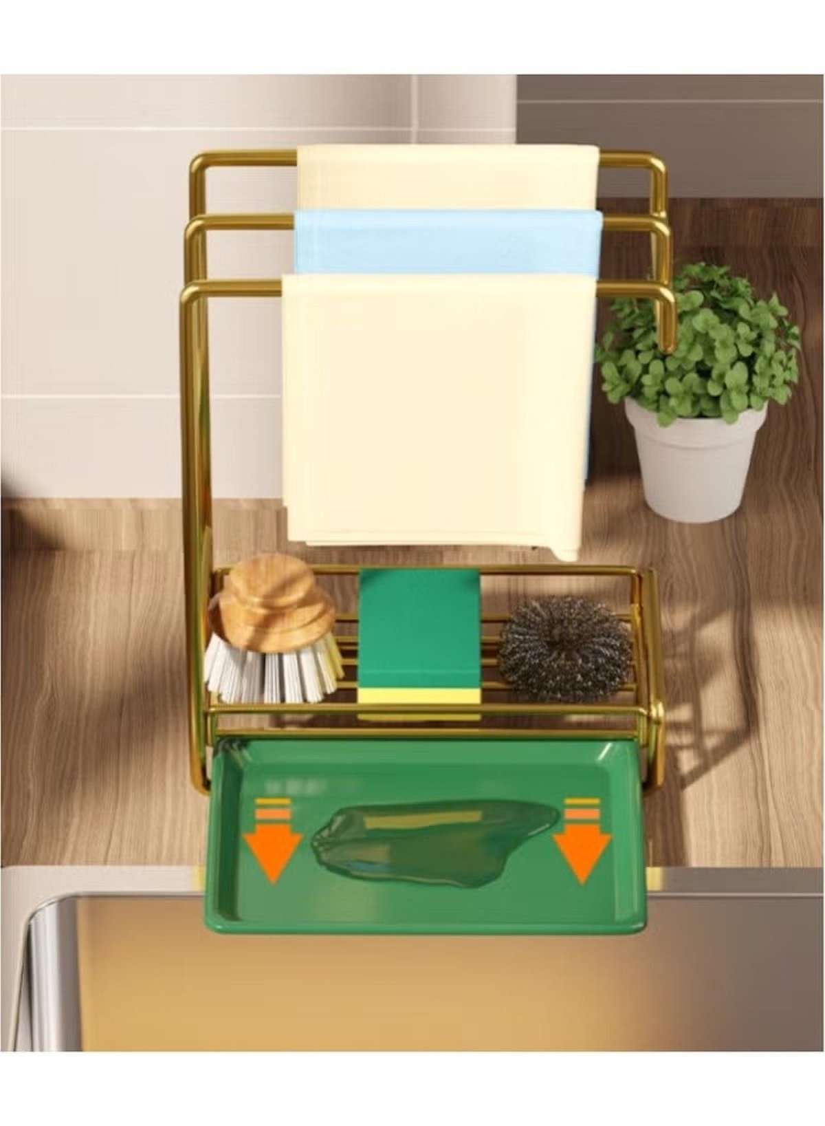 Punch-Free Stainless Steel Rag Rack – Wall-Mounted or Countertop Organizer (silver / Gold Green)