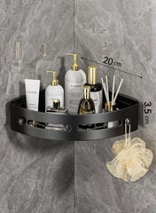 Punch-Free Wall-Mounted Bathroom Corner Rack – Black Tripod, Single Layer (20 × 3.5 cm)