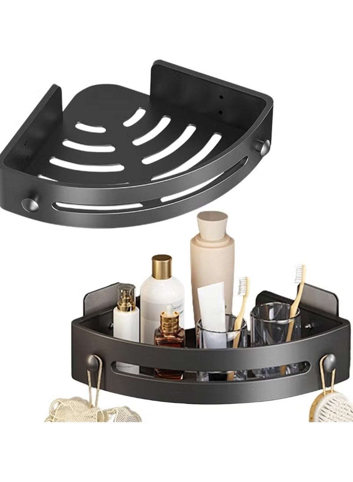 Punch-Free Wall-Mounted Bathroom Corner Rack – Black Tripod, Single Layer (20 × 3.5 cm)