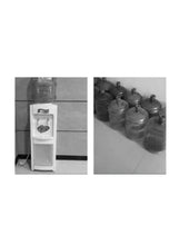 Water bottle storage rack shown with dispenser compartment and bottle area.