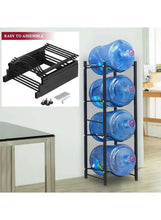 Black vertical four-tier bottle rack holding four blue water jugs.