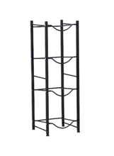 Black metal four-layer water bottle storage rack, vertical frame with four tiers.
