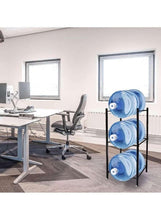 Black vertical water bottle storage rack with three blue water bottles visible