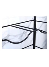 Black metal bottle rack with curved support bars in a three-tier frame