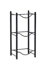 Black 3-tier vertical water bottle storage rack with three wire bottle supports