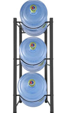 Black vertical water bottle storage rack holding three blue water jugs on three tiers