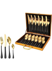 24-Piece Stainless Steel Gold & Black Cutlery Set – Forks, Knives & Spoons