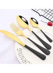 24-Piece Stainless Steel Gold & Black Cutlery Set – Forks, Knives & Spoons