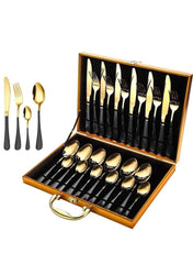 24-Piece Stainless Steel Gold & Black Cutlery Set – Forks, Knives & Spoons