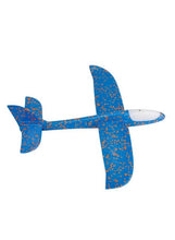 Blue speckled foam throwing airplane with 2 wings and white nose