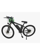 Green and black electric bicycle with front suspension fork
