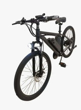 Black electric bicycle with front suspension fork and headlight
