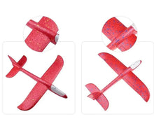 Foam flying glider plane set shown in two boxed views with LED and wing close-up