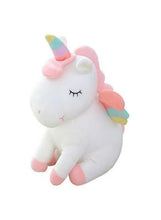 White unicorn plush toy with pastel horn, rainbow mane, and embroidered face, 25cm
