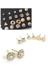 Gold-tone stud earrings shown in pairs: crystal, heart, and textured ball designs
