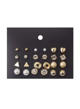 Gold-tone stud earring set with pearl, crystal, heart and geometric studs