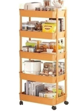 Yellow 5-tier plastic storage trolley with open shelves and small caster wheels